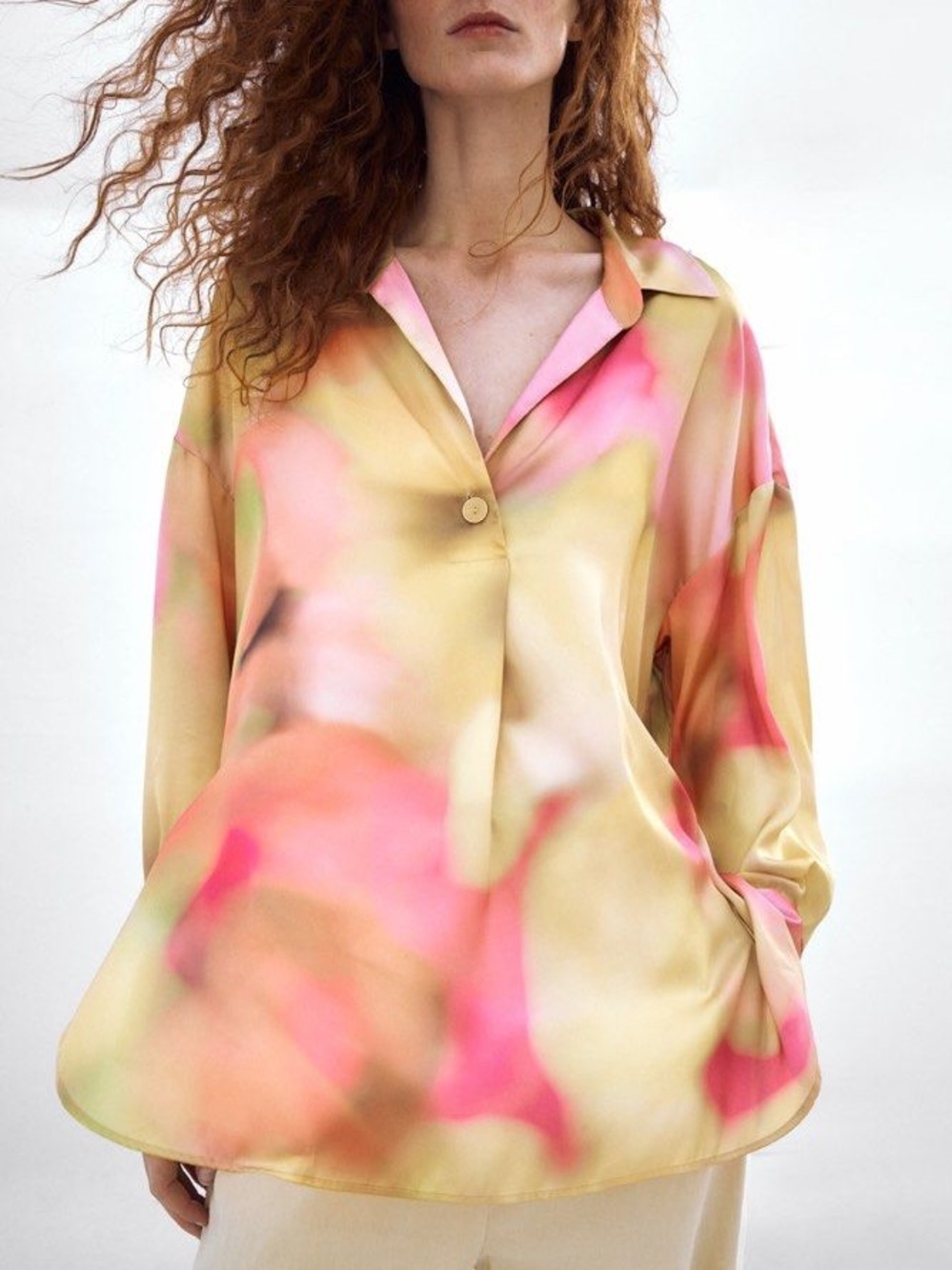 Silky Abstract Floral-Print Blouse in Yellow and Pink